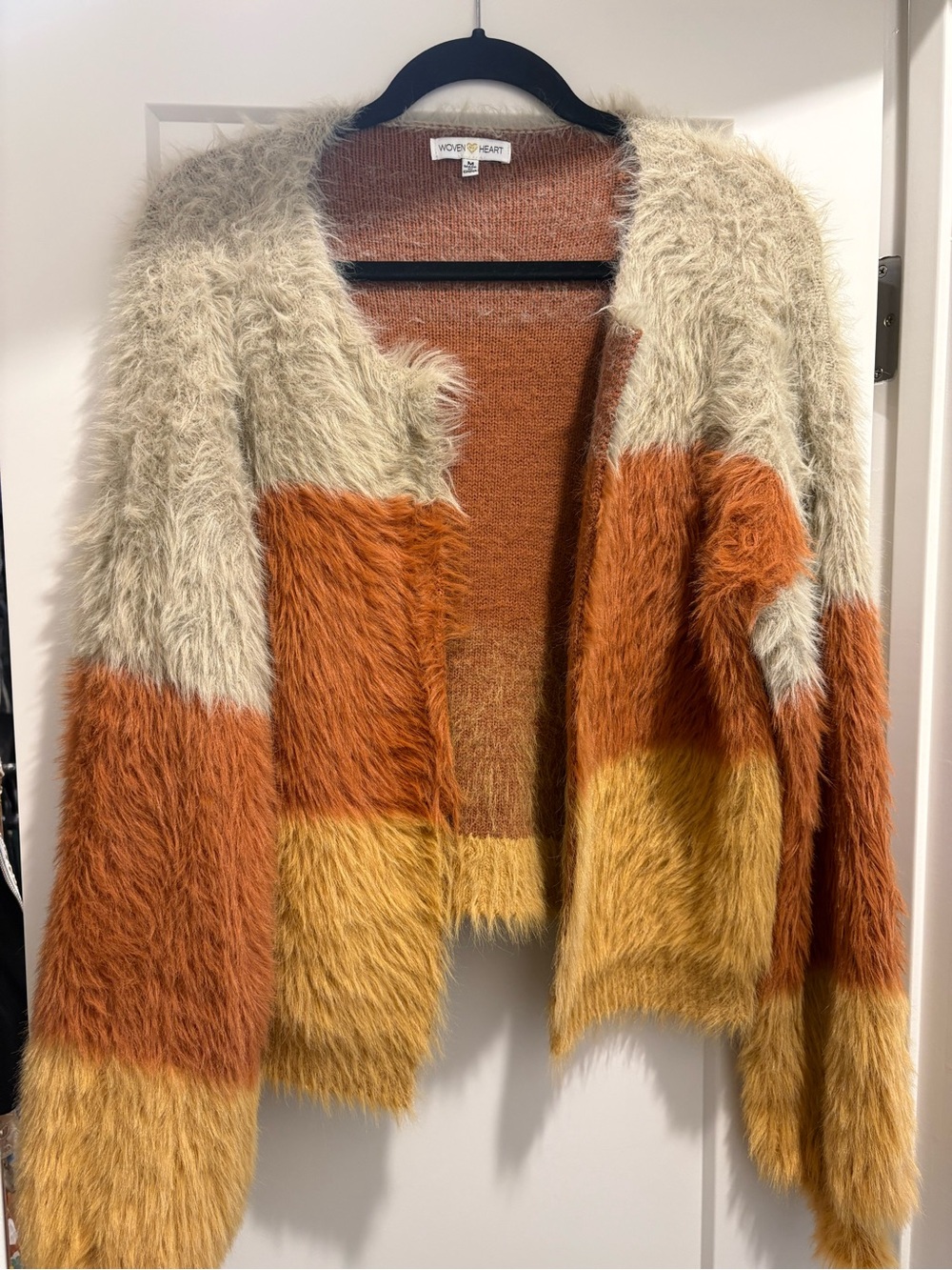 Woven Heart Fuzzy Colorblock Cardigan in Cream, Rust & Mustard